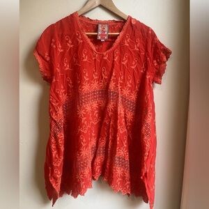 Johnny Was Embroidered Short Sleeve Tunic Orange/Red Size Medium